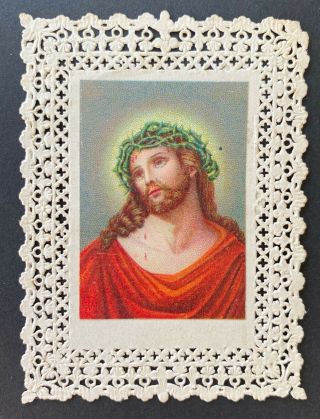 Antique Small Holy Card Vintage Canivet Lace Jesus Christ Thorn Crown Blood