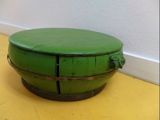 Lime Green Round Large Handled Wooden Box W/lid