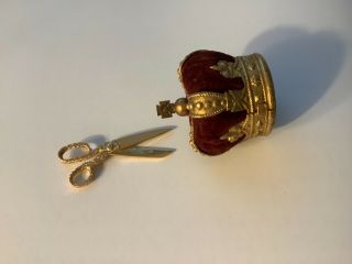 Miniature Gilt Metal Crown Pin Cushion And Miniature Dolls House Scissors