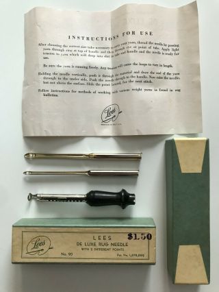 1930s Lees De Luxe No 90 Rug Needle 2 Points,  Instructions,  Orig.  Box,