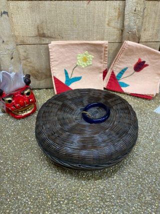 Vintage Chinese Wicker Sewing Basket W/lid W/cobalt Blue Peking Glass Handle