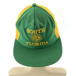 Vtg University Of South Florida Hat Adjustable Green Yellow Made In Usa Mesh Usf