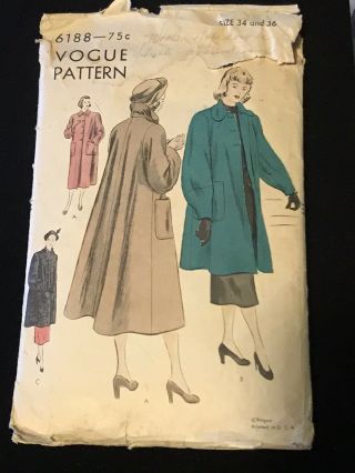 Vintage 1940’s Vogue Coat Pattern Flared Back 34 & 36b Complete