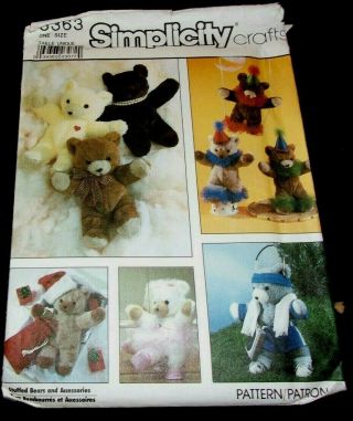 Simplicity Stuffed Bears Pattern 8363 16 " X15 " Accessories Uncut Oop