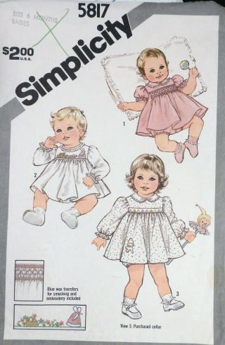 Vtg 1980s Simplicity 5817 Embroidered Smocked Baby Dress Sewing Transfer Pattern
