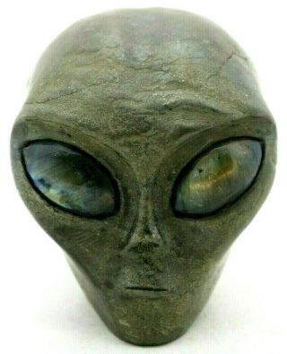 Remarkable Pyrite Alien Skull Fools Gold Art Sculpture Labradorite Gemstone Eyes