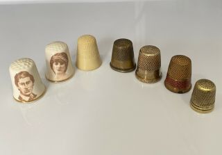 Group Of 7 Vintage Thimbles Brass Porcelain Plastic Metal