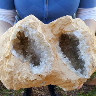 Outstanding Big 9 1/2 Inch Double Chamber Calcite Crystal Geode