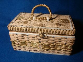 Medium Sz Vintage Wicker / Rattan Sewing Basket Filled With Various Notions