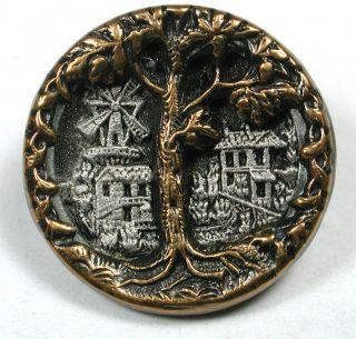 Antique Brass Button Oak Tree & Windmill Image 1890s 11/16 "