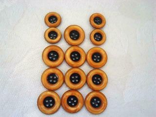 14 Black Butterscotch Laminated Lucite Plastic Buttons 2 Sizes 5/8 And 3/4 In.