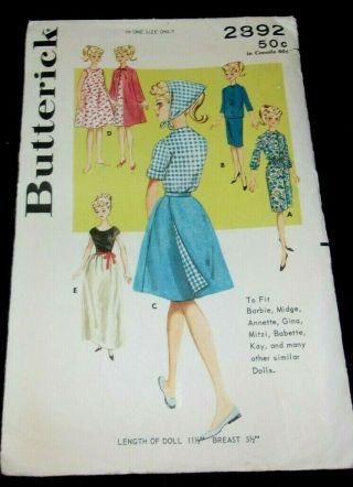 Vintage Butterick Barbie Pattern 2892 11 1/2 " Doll Uncut