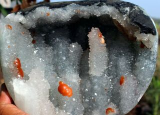 Rarest Orange Fluorite Balls With Calcite On Quartz And Sticks Base
