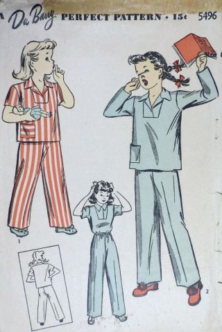 Vtg 1940s Wartime Wwii Home Front Dubarry 5496 Pajamas Sewing Pattern Girl 8