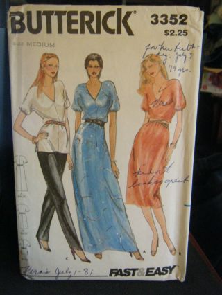 Vintage Butterick 3352 Misses Dress,  Tunic & Pants Pattern - Size M (12 - 14)