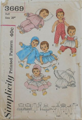 Vintage Simplicity Sewing Pattern 3669 Baby Doll Clothes Wardrobe Size 20 "