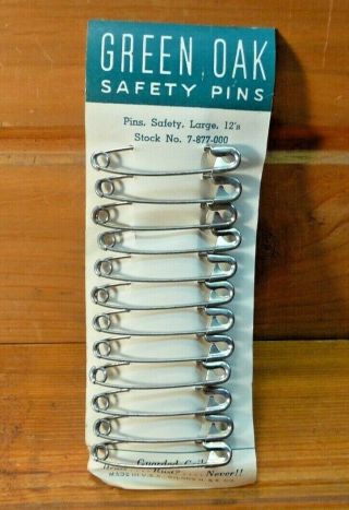 Nos Green Oak Safety Pins,  12 Per Card,  Large 12 