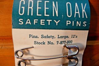 NOS Green Oak Safety Pins,  12 per Card,  Large 12 ' s USA 2