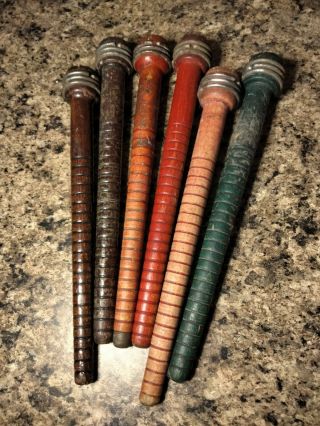 6 Vintage Wooden Industrial Textile Bobbins Quills Spools W/ Metal Tips
