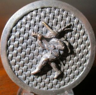1940s French Button " Bearded Man Plays Guitar " Vintage Antique Woven Metal