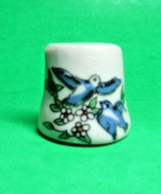 Vintage Blue Birds Floral Porcelain Display Thimble (t184)