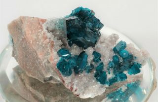 Dioptase With Calcite On Dolomite.  Tsumeb Mine,  Namibia