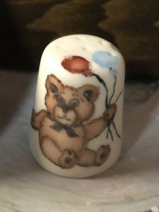 Thimble Bisque Baby Teddy Bear With Balloons Hand Painted