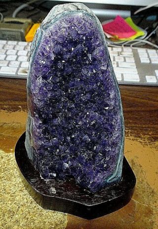 Large Amethyst Crystal Cluster Geode From Uruguay Cathedral;polished; Stand;