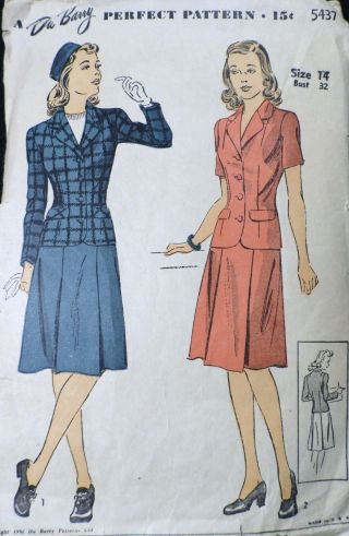 Vtg 1940s 1942 Wwii Home Front Dubarry 5437 Jacket Skirt Dress Sewing Pattern 14