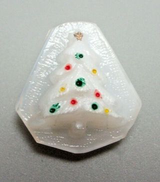 Vintage Realistic White Glass Button,  Molded Christmas Tree,  7/8 "