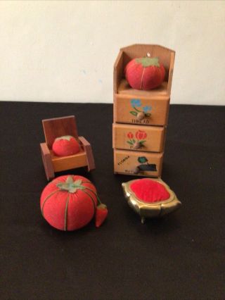 Four Vintage Sewing Pin Cushions Weighted Japan Mini Rocker 3 Drawer Cabinet Fl