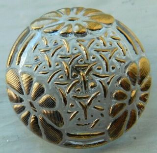 27mm Vintage Czech Glass 3 Flowers Button Clear Back Lit Gold Luster Brass Shank