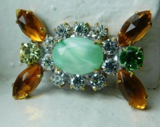 Vintage Czech Glass Jewel Rhinestone Button Green Moon Glow Amber Peridot
