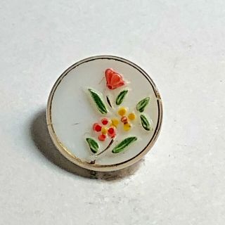 Vintage White Glass Button,  Red & Yellow Flowers With Green Leaves On Stem,  Gold
