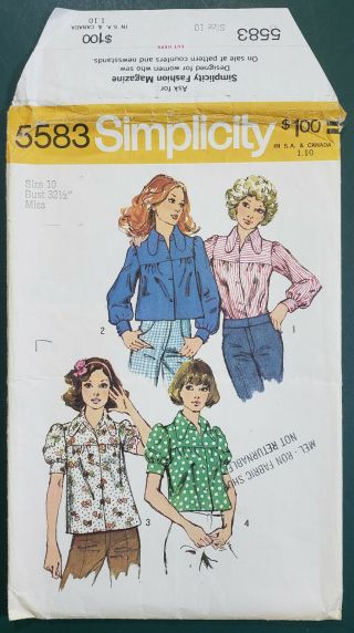 Vtg Simplicity 5583 Misses’ Blouses Tops Size 10 Bust 32.  ” Sewing Pattern 1970s