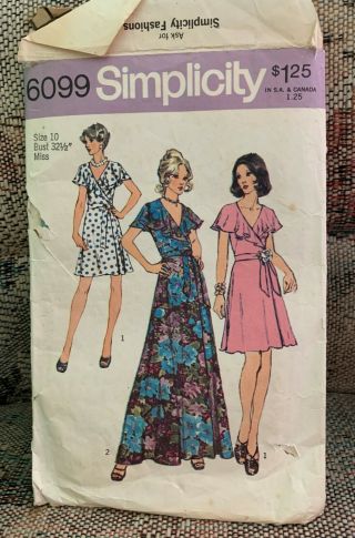 Simplicity Sewing Pattern 6099 1973 Front Wrap Dress Miss Size 10 Bust 32.  5 Vtg