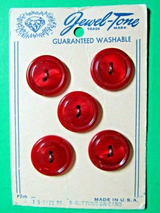 (5) Vintage Jewel Tone 3/4 " Red Plastic 2 - Hole Buttons Nos Card (t59)