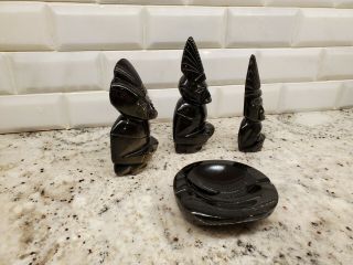 3 Vtg Black Gold Sheen Obsidian Carved Aztec Mayan Tiki Idol Figurines,  Ash Tray 2