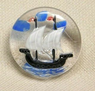 Antique Vtg Button 3 - D Glass Sailboat On Ocean W Clouds Hand Painted