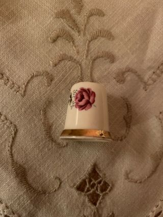 Fine Bone China Sandford Thimble,  White With Pink Rose And Gold Band