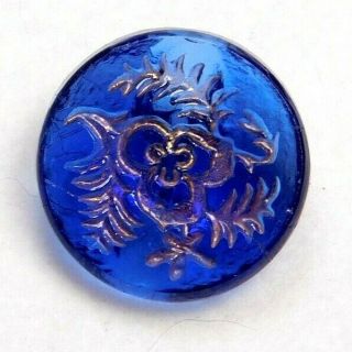 Antique Vtg Button Incised Cobalt Blue Glass W Gold Charmstring G8