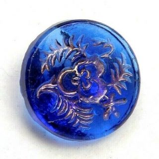 Antique Vtg Button Incised Cobalt Blue Glass w Gold Charmstring G8 2