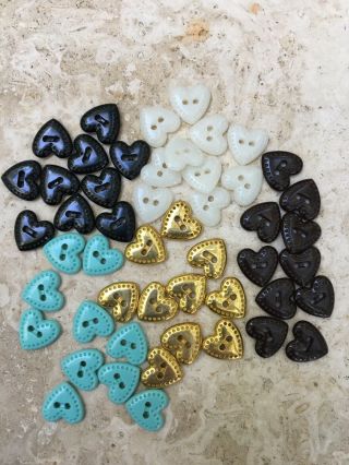 50 Vintage Samac Made In Us Buttons Hearts - Black,  Brown,  Gold,  Aqua,  Pearl