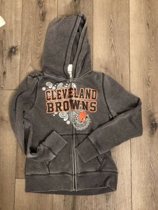 Women’s Junior Nfl Cleveland Browns Gray Zip Up Hoodie Hooded Jacket Coat Large