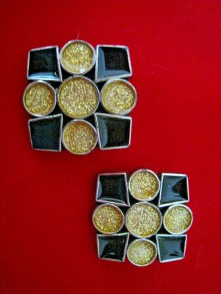 Vintage 1980s Set Of 2 Large Square Black Gold Plastic Geometric Buttons