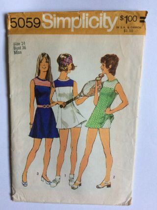 Vintage Simplicity Sewing Pattern 5059,  Tennis Dress & Shorts,  Sz 14,  Cut,  1970s