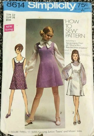 Vintage Simplicity 8614 1960’s Mod Dress Sewing Pattern Miss Size 18 Bust 40