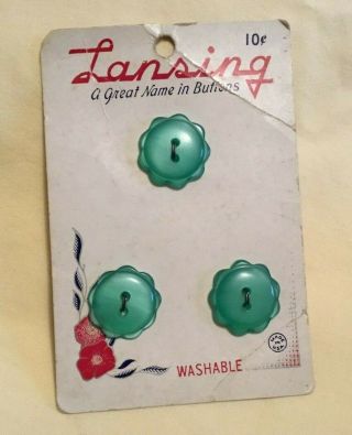 Vintage Sewing Button Card Lansing Set Of 3 Green Plastic Flower Shape 86