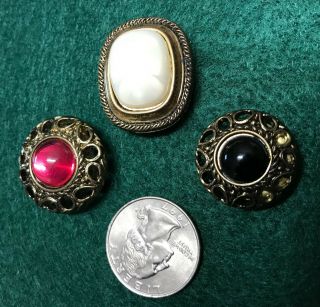 3 Different Vintage Goldtone " Art Deco " Button Covers White Jewel Red Jewel,