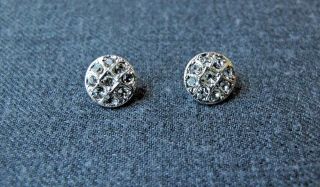2 Vintage Clear Rhinestones Silvered Metal Flower Buttons